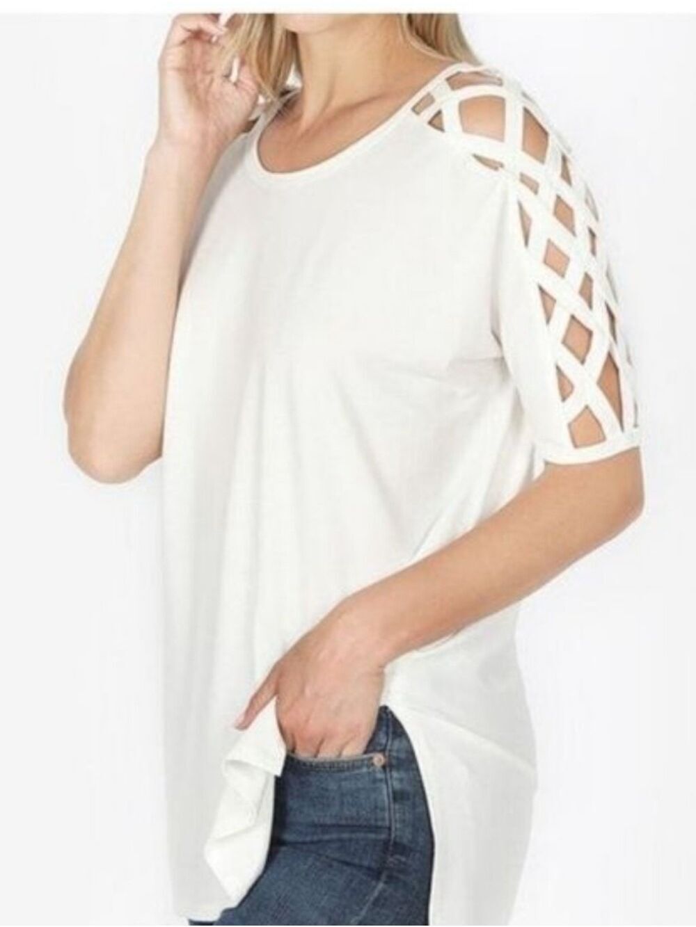 ZENANA White Open shoulder Top Tunic Size Medium NWT
